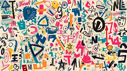 An assortment of messy doodles and scribbles of arrows, shapes, numbers, alphabets, etc.