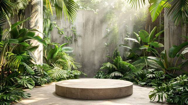 Tropical-themed composition featuring a stone podium and lush greenery, ideal for modern product promotions