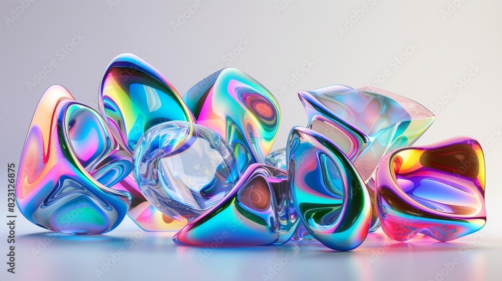 Aufkleber the set of abstract iridescent design elements is rendered in 3d
