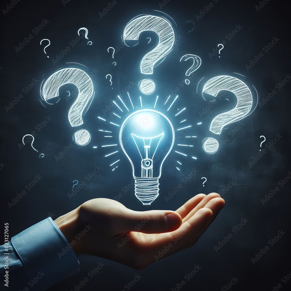 Poster a conceptual image of a light bulb surrounded by floating question marks symbolizing innovation and 
