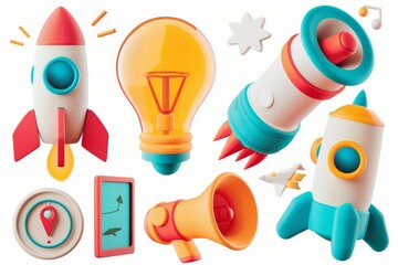 Set of 3d modern icons with light bulbs, megaphones, and rockets