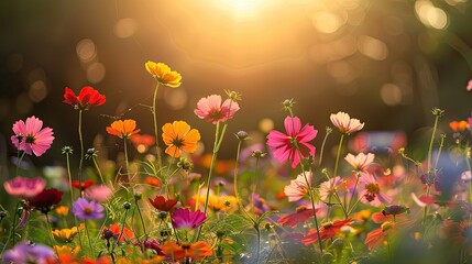 Bright sunlight shining on vibrant flower field