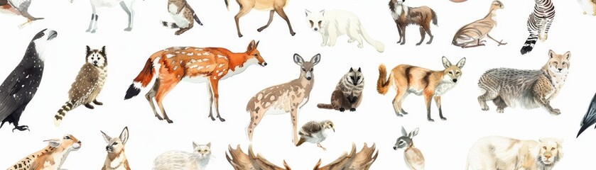 A group of various animals, including birds and mammals, are standing together in a field.