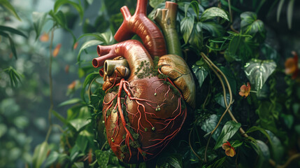 Human heart, A mesmerizing interpretation of the human heart, rendered with astonishing realism and infused with symbolic elements of growth and resilience, backdrop of lush greenery. Generative AI.