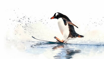 A penguin skiing on the water surface.