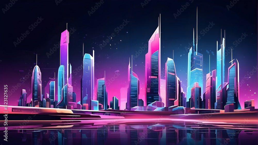 Poster vector image of a cityscape, with neon lights and metropolitan architecture in space. futuristic, sc