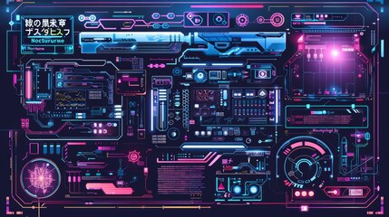 Obraz premium The Cyber Decals set includes futuristic decals, labels, panels, stickers, etc. It comes with a high-tech acid frame layout. The Japanese translation is 