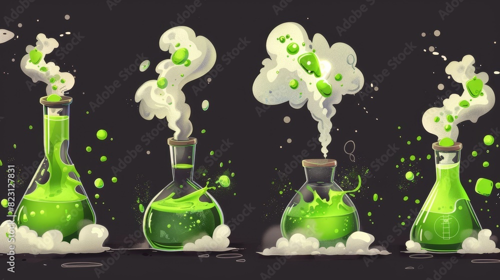 Poster in an empty flask, a chemical reaction in progress is shown with a flash of light in a beaker and sm