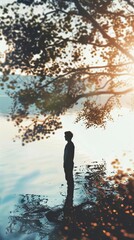 ISFP finding harmony in nature, copy space, focus on peace, surreal, silhouette, lakeside backdrop