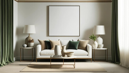 Contemporary Living Room with White Sofa and Green Beige Accents