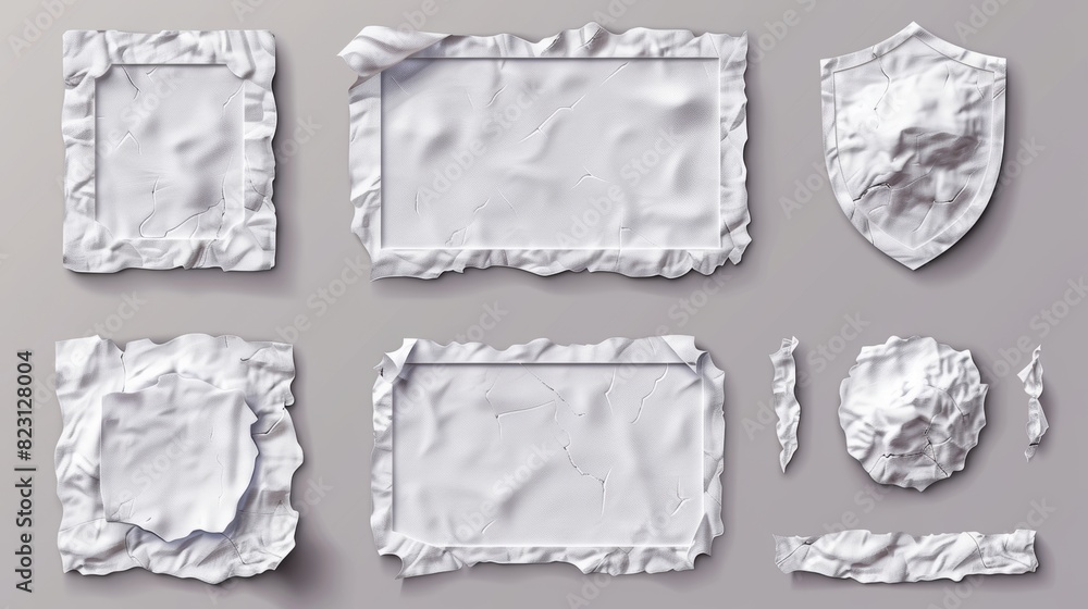 Aufkleber blank shrunken labels of square shapes with rounded corners, wrinkled emblems with curve edges, butt