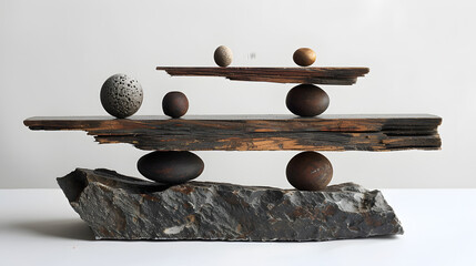 A minimalist abstract sculpture using found objects and assemblage techniques, arranging and balancing elements to create a thought-provoking composition with sculptural depth.