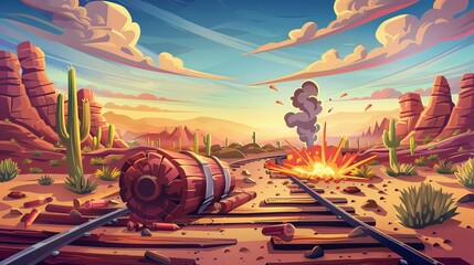 Western train sabotage scene, tnt dynamite with burning fuse lying on railway sleepers and bomb explosion at desert under clouds in wild west nature landscape, cartoon modern illustration.