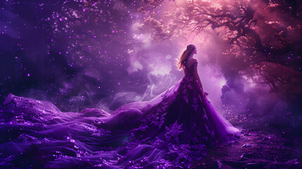 art photo young beauty woman queen autumn purple mystic tree purple long dress, generative Ai