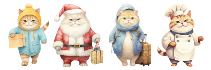 water colors cats png element set on transparent background