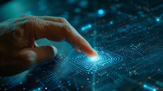 Beautiful hand taps the touchscreen screen with its index finger, highlighting the button and revealing a blank modern.