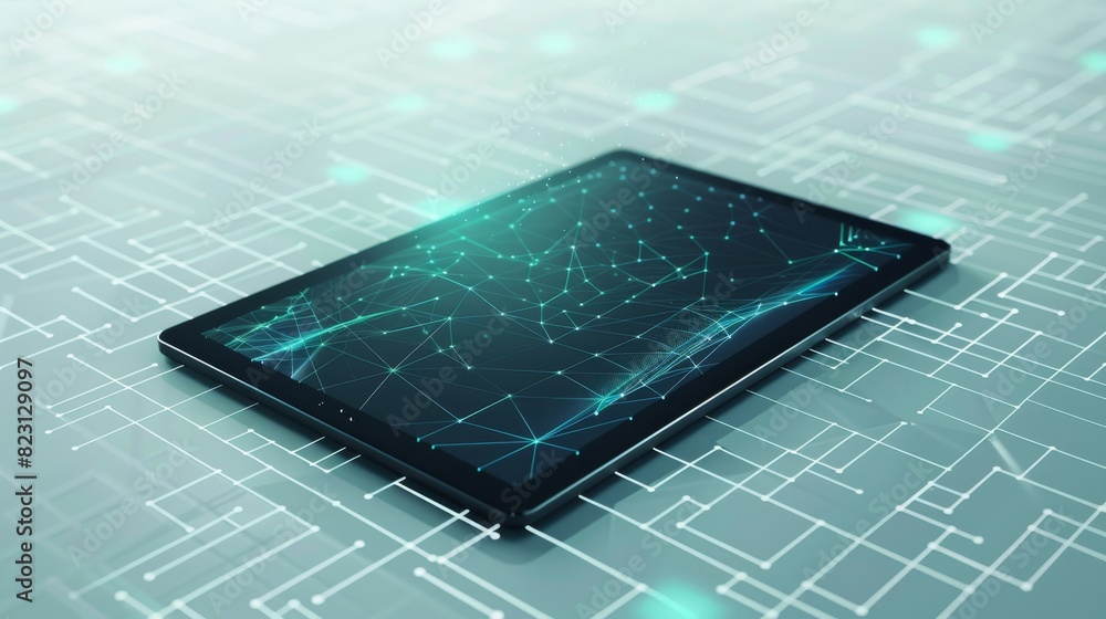 Aufkleber an abstract black tablet lies on the table with a digital screen up. perspective view. realistic mod