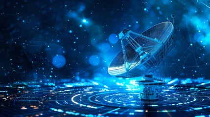 A geostationary telecommunications satellite sends a digital signal via a satellite dish. Conceptual abstract background. VECTOR