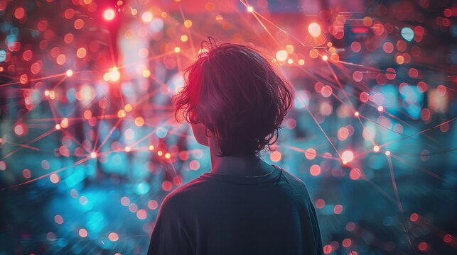 Young person's back facing a tangled web of vibrant internet wires, surrounded by floating likes and messages