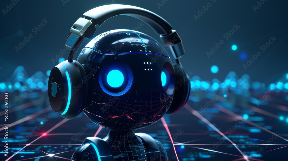 Aufkleber icon for technical support. chat bot for web assistance. robot wearing headphones. front view.