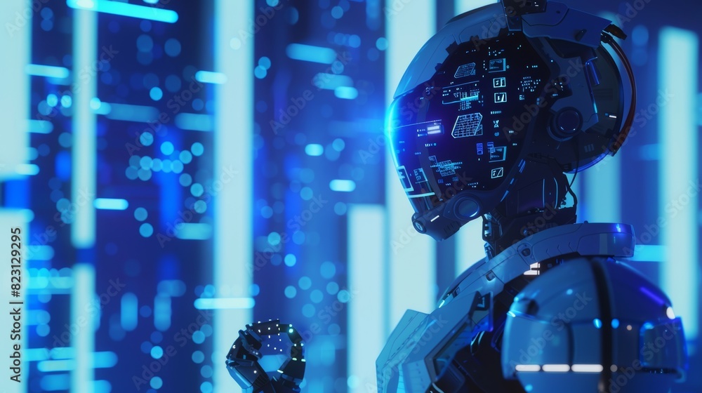 Poster the robot is designed to work with an augmented reality hud interface. the robot is made of plastic 