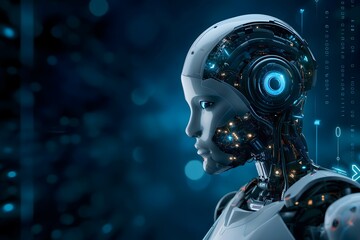 Futuristic cyborg with a humanoid face and glowing blue lights, set against a blurred cityscape