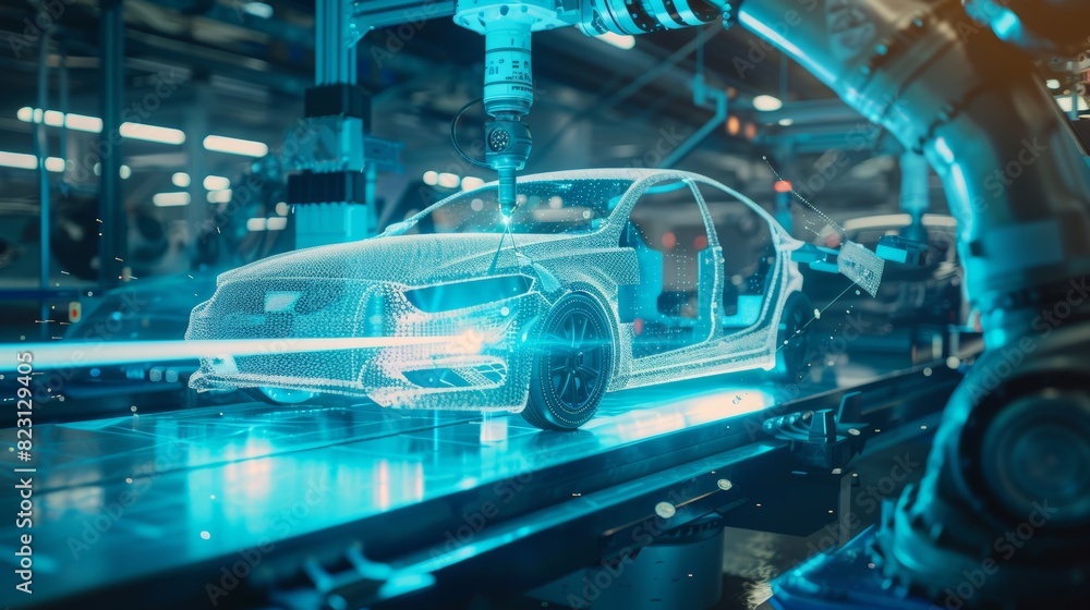 Poster welding robots in the automobile industry. white robots welding on an automobile factory. the robots