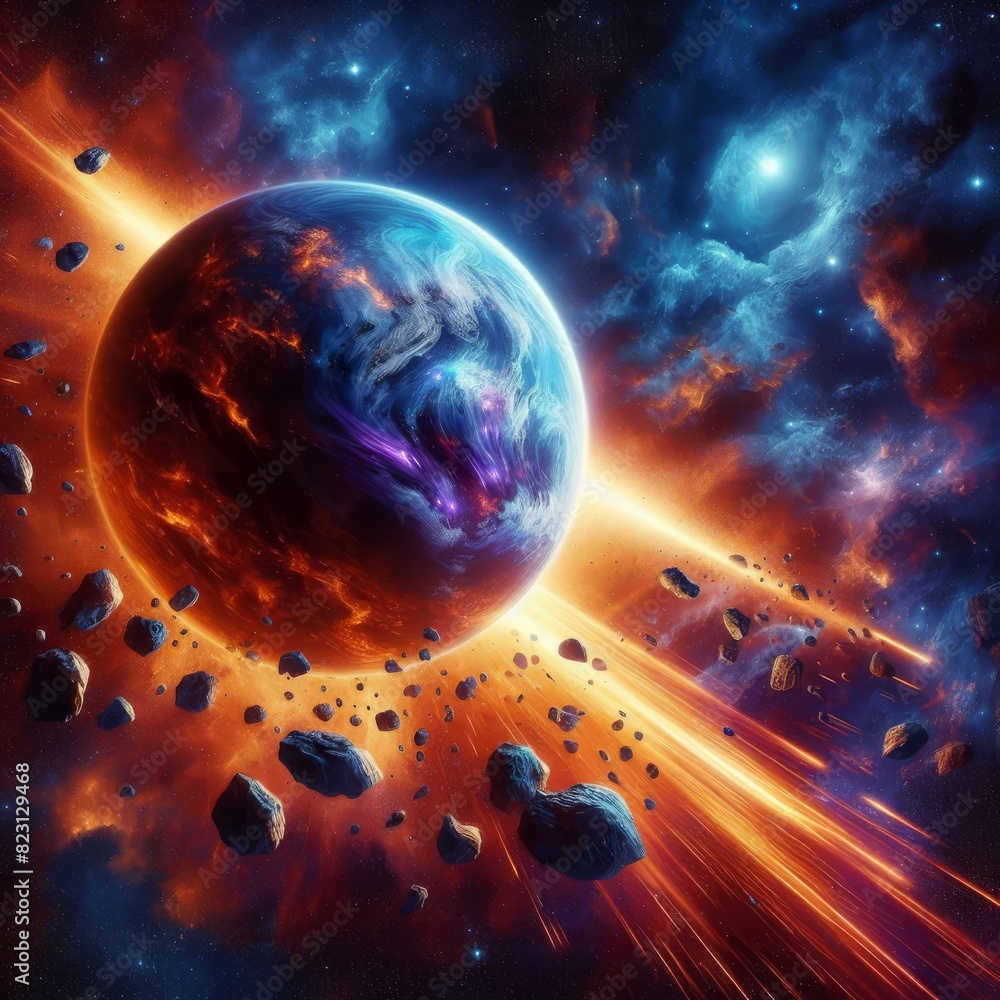 Poster a vivid space scene depicting a colorful planet surrounded by a meteor shower with a glowing star ba