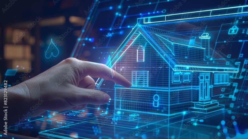 Aufkleber the internet of things. smart home system application interface. 3d house plan x-ray. hand touch on 