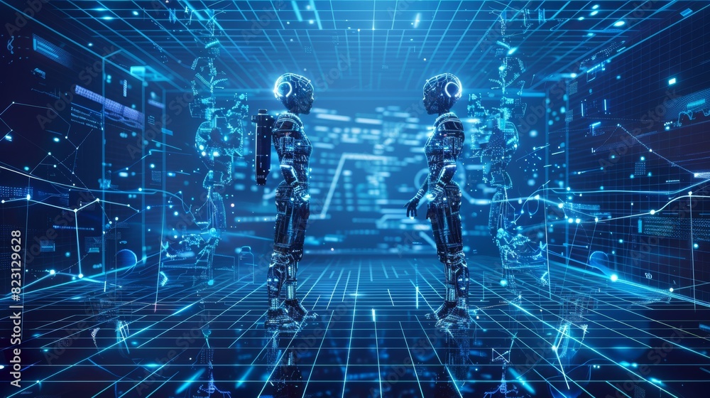 Poster in cybernetic reality, robots can work with virtual interfaces through virtual interfaces. machines 