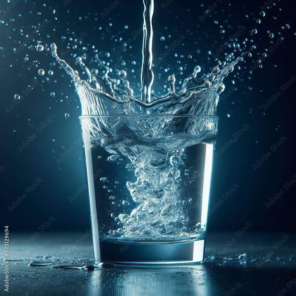 Poster a close-up image capturing a dynamic splash in a clear glass of water, highlighting motion and clari