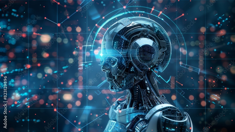 Poster artificial intelligence robot. wise cyborg with higher mental abilities working on abstract virtual 