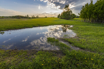 Sunset sky, spring evening landscape, soft sunlight on the grass. A large puddle in the middle of a plowed field. Swampy field, evening rural landscape.