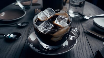 Close up of transparent glass with black coffee and ice cubes stands on table