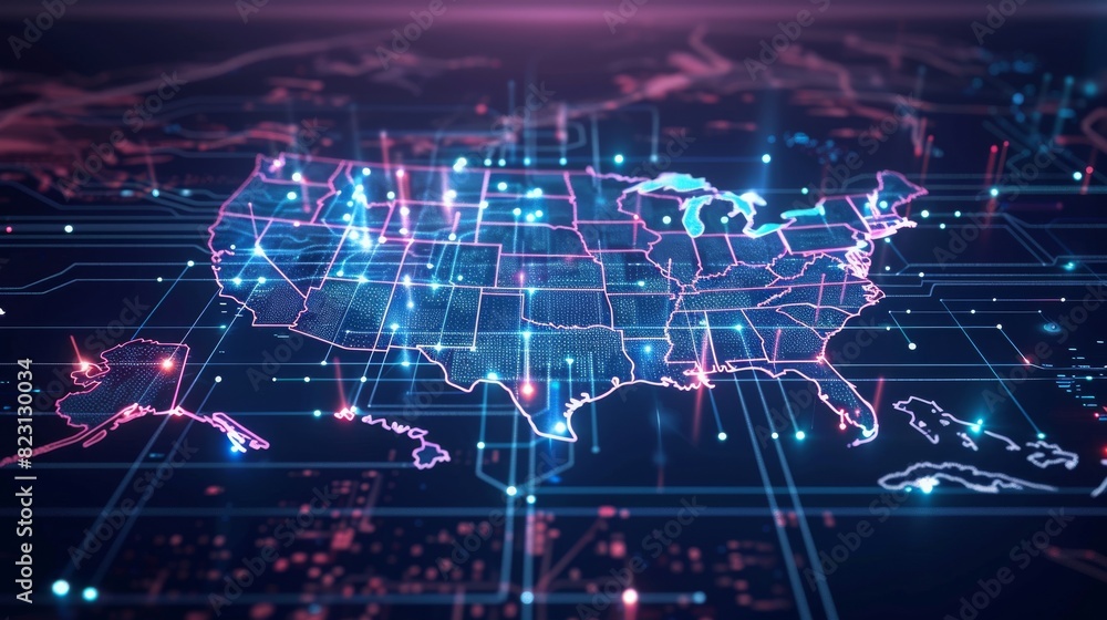 Aufkleber an abstract communication network map of the usa. the usa as a printed circuit board. an abstract sm