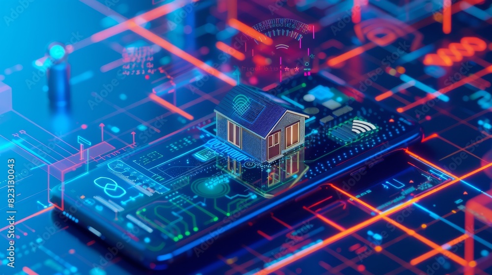 Poster iot icons with smart home logo. smart phone controls smart home devices via wireless connection and 