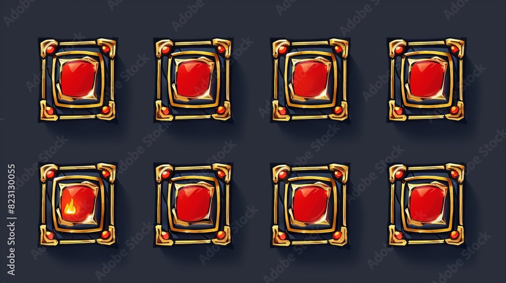 Poster vintage golden frames with red buttons perfect for rpg game banners and ui elements. fantasy square 