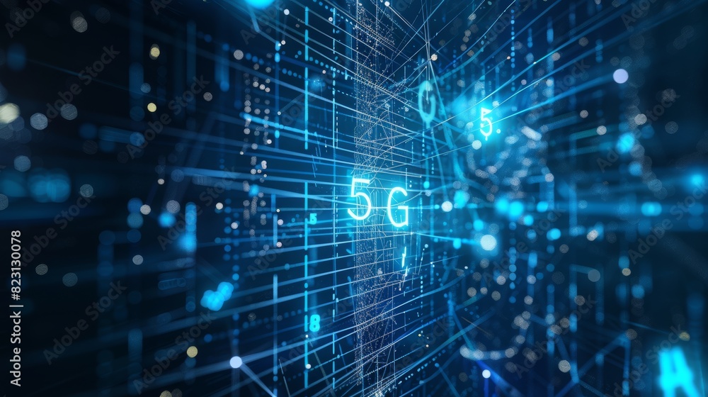 Poster Background with digital data as digits connected to each other and forming the symbol 5G on a blue background. New generation mobile networks.