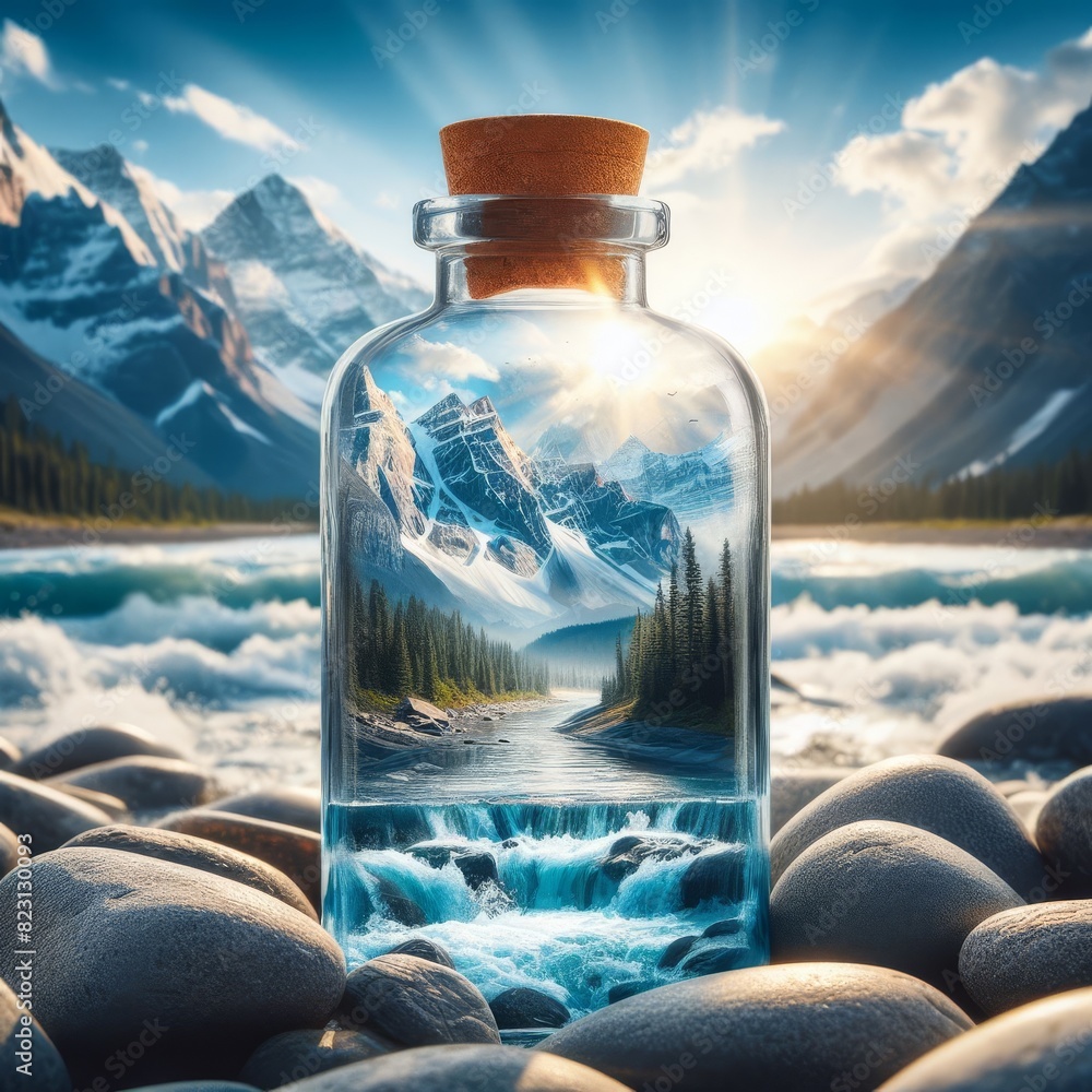 Poster surreal image of a large glass bottle encapsulating a vibrant mountainous landscape, placed on a riv