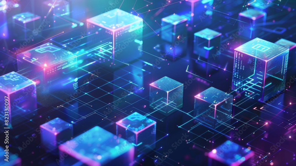 Poster an isometric digital block. blocks or cubes connected by digits form a crypto chain. abstract techno