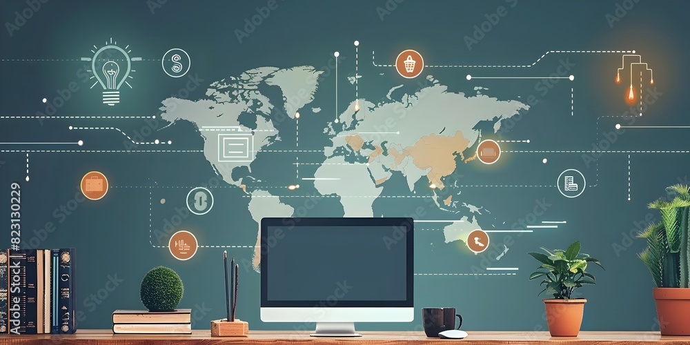 Poster comprehensive infographic set exploring the multifaceted impacts of remote work on the economy envir