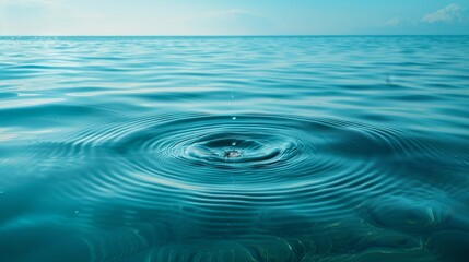 Water droplet causing circular ripples on a calm, clear blue sea, capturing the moment of impact