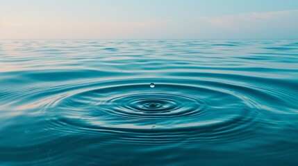 Water droplet causing circular ripples on a calm, clear blue sea, capturing the moment of impact