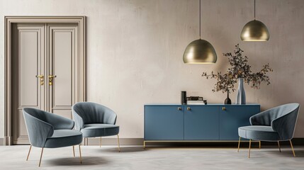A blue cabinet with two chairs and an armchair in front of it