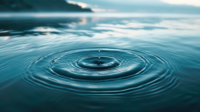 Water droplet causing circular ripples on a calm, clear blue sea, capturing the moment of impact