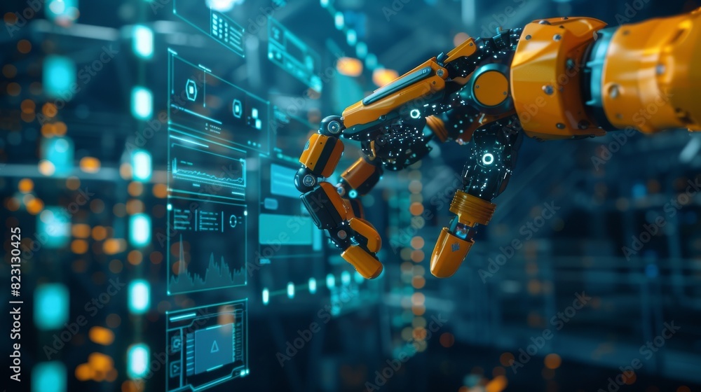Poster factory management is taken over by a robot with artificial intelligence. automated arms are control