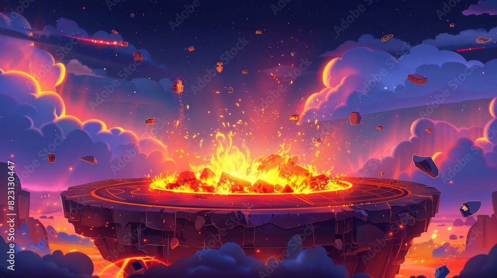 Poster arena for battle, magic altar with runes in floaty night sky with clouds. cartoon game background wi
