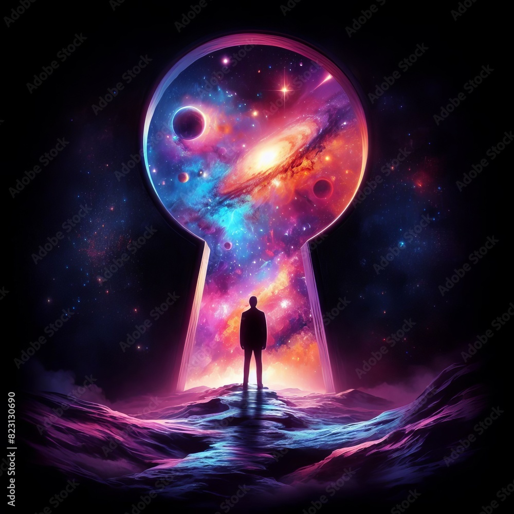 Poster a surreal image of a man standing before a keyhole-shaped portal showcasing a vibrant cosmic scene w