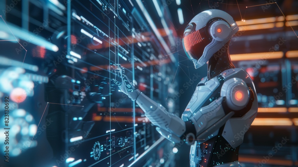 Poster a robot works at a factory. humanoid cyborg or android with artificial intelligence taps the button 
