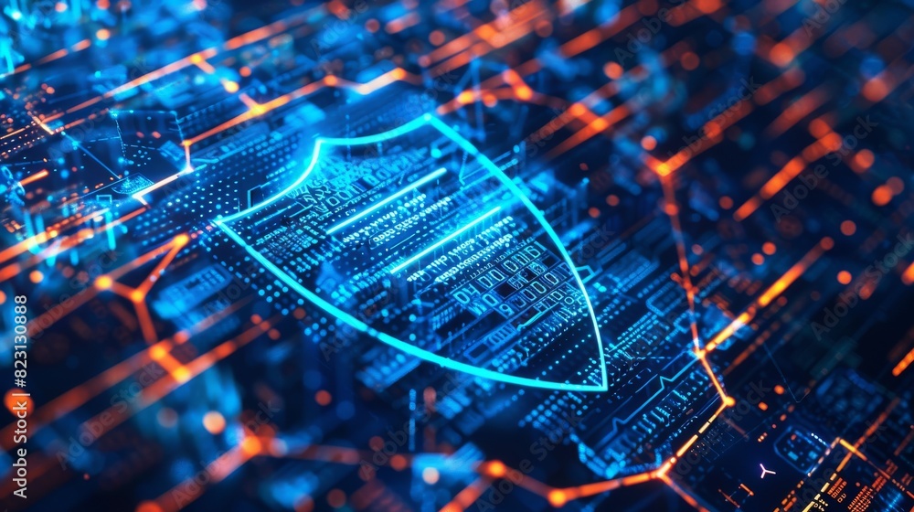 Aufkleber cyber security theory concept. shield of protection of icon man, which consists of digit code. data 